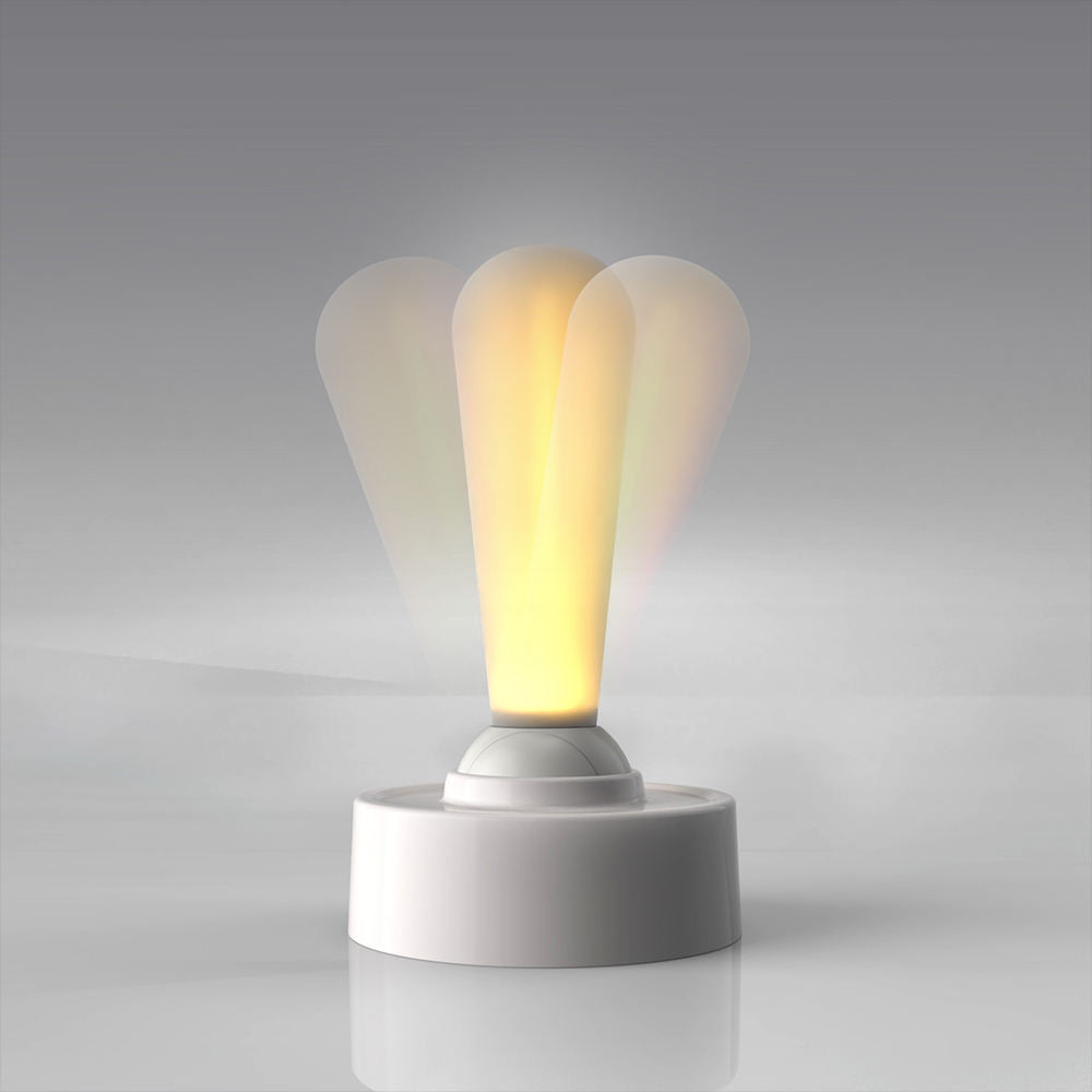 Grå og hvit bordlampe med retro spakbryter, LED-teknologi, oppladbar for fleksibel bruk, stilren minimalistisk design.