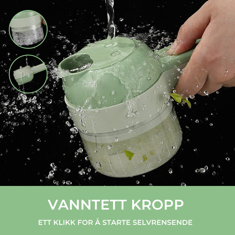 "Grønn trådløs kjøkkenkvern med rustfritt stålblad, ideell for kutting og skrelling. Multifunksjonell og stilren design."