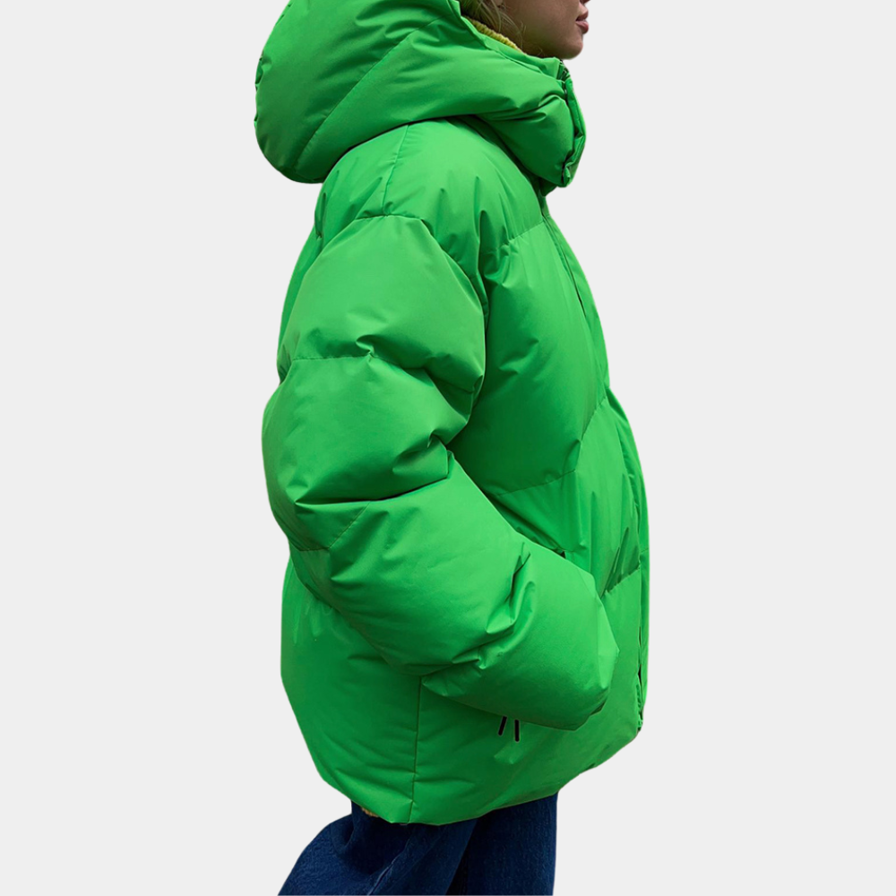 "Gul dame pufferjakke, myk polstring, moderne stil, str. XS-XL, ideell til kaldt vær, frontvisning, vinterjakke kvinner."