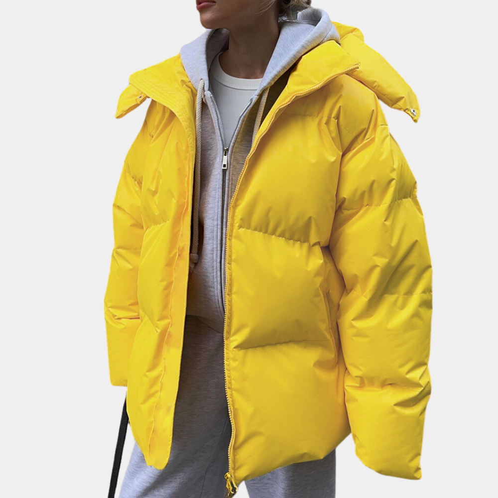 "Gul dame pufferjakke, myk polstring, moderne stil, str. XS-XL, ideell til kaldt vær, frontvisning, vinterjakke kvinner."