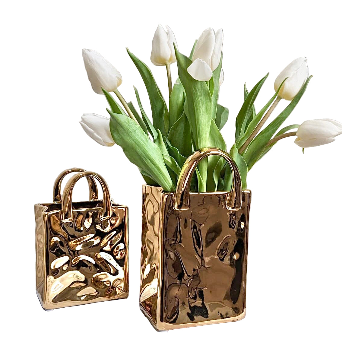 Gullfarget vase, "luksusveske"-formet, for elegante blomsteroppsatser og moderne stuedekor