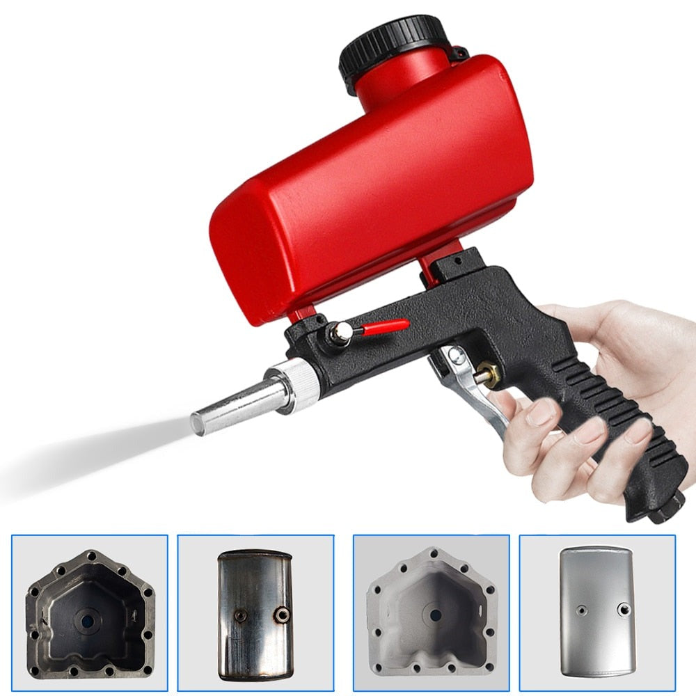 Nærbilde av sandblåserens munnstykke, leverer finkornet sand for grundig overflatebehandling.