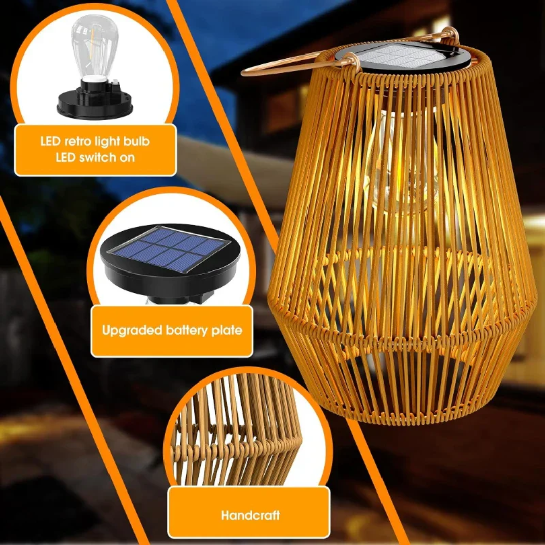 Energibesparende solcellelampe med unikt håndvevd design for stemningsfull hagebelysning.