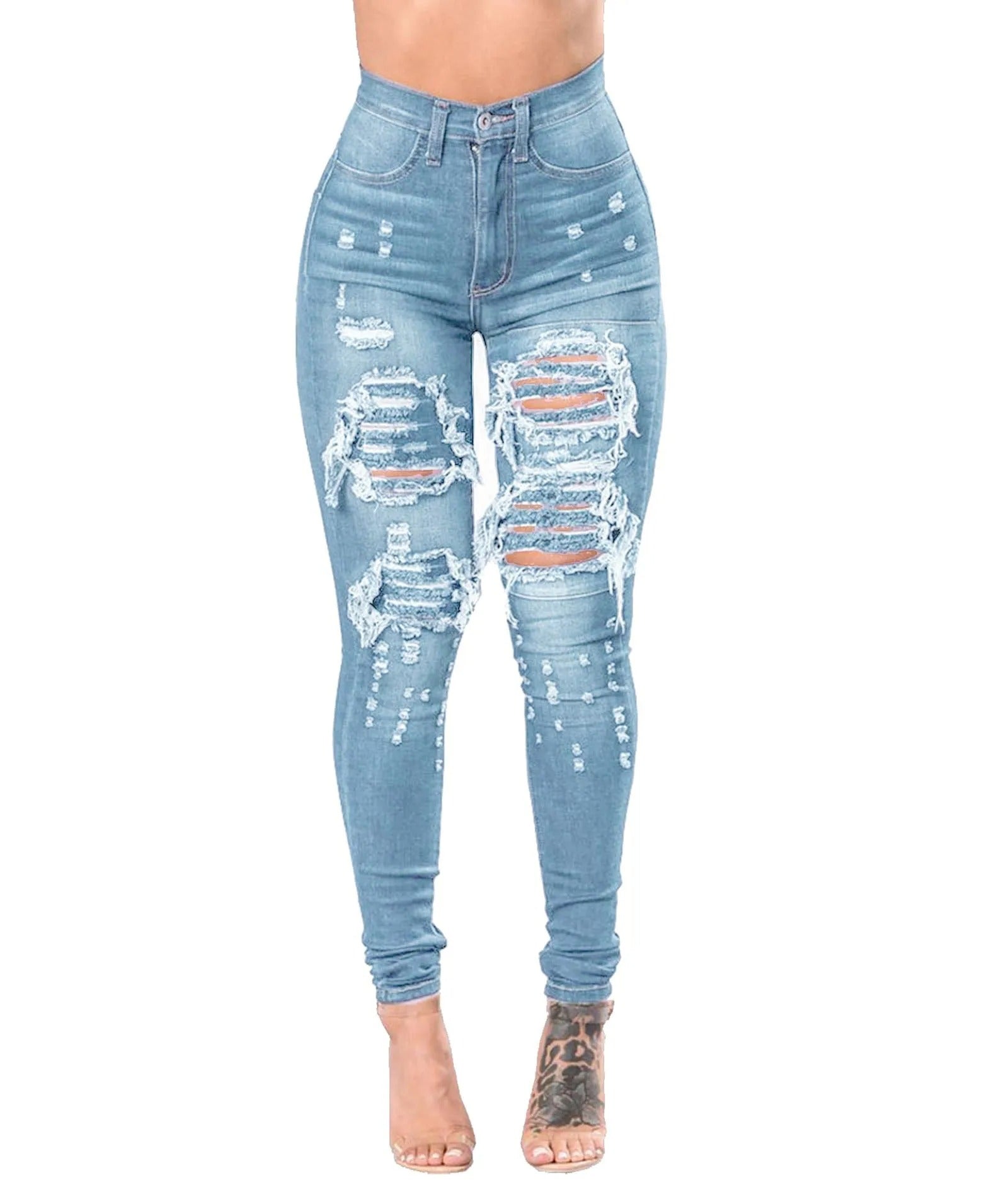 Høy midje rippede skinny jeans for kvinner i blå denim, perfekt for trendy hverdagsbruk og streetwear.