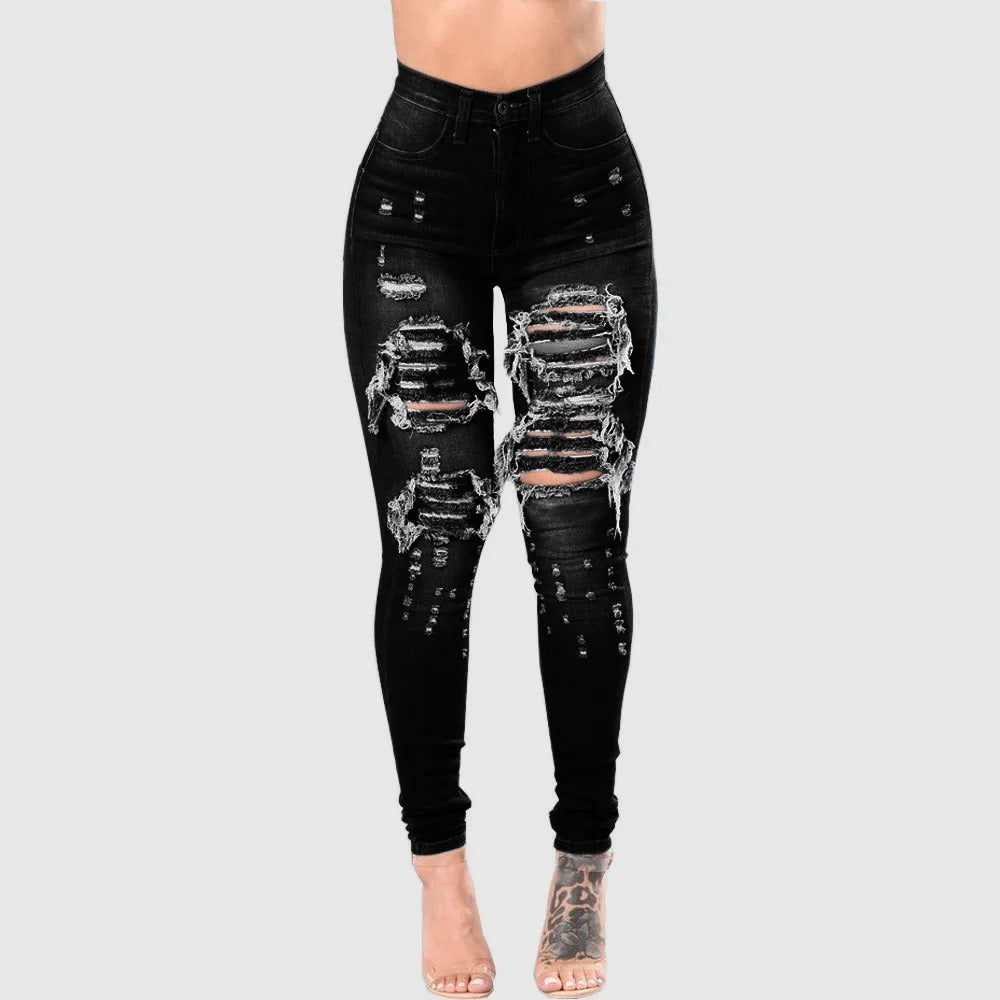 Trendy dame jeans med høy midje og rippede detaljer. Komfortable blyantbukser for moderne mote.