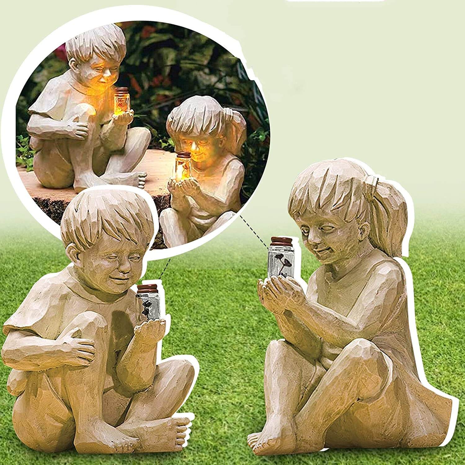 En jentestatue med glødende ildfluer, 22.5 cm utendørs pynt med solcelle.