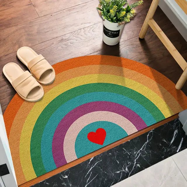 Unik halvsirkel dørmatte med inspirerende regnbue og sommerlig vannmelon design, velkommen hjem.