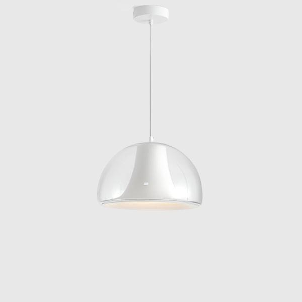 Halvsirkelformet glaspendel i Bauhaus-stil med myk glød, tilgjengelig i grønn, hvit og oransje for stilfull atmosfære.