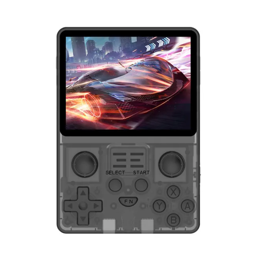 "Håndholdt R36S retro spillkonsoll med 3,5-tommers skjerm og lilla, svart, eller hvit farge, 128GB og 20 000+ spill."