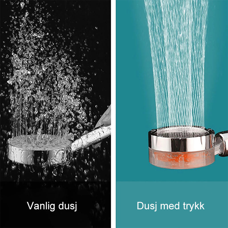 "Håndholdt roterbart dusjhode i sølv med høytrykk, vannbesparende funksjon og elegant design mot lys bakgrunn."