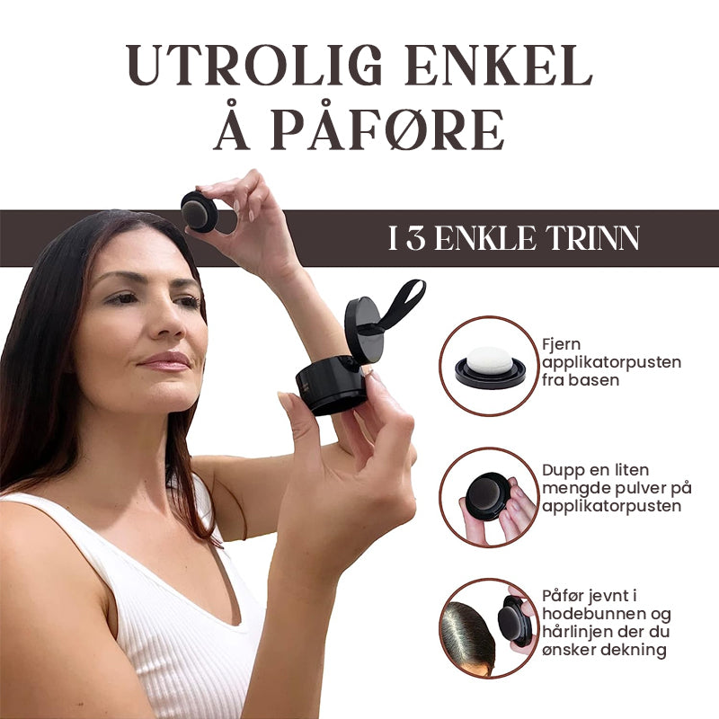 "Hårfargepulver for dekking av grå hår med volum, kompakt design, speil og puff inkludert, naturlige ingredienser."
