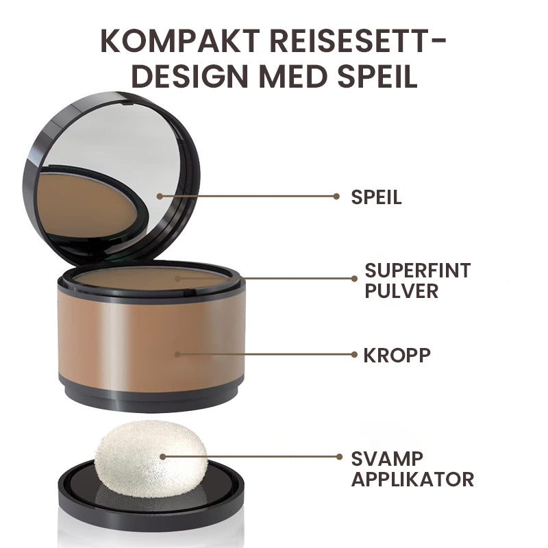 "Hårfargepulver for dekking av grå hår med volum, kompakt design, speil og puff inkludert, naturlige ingredienser."