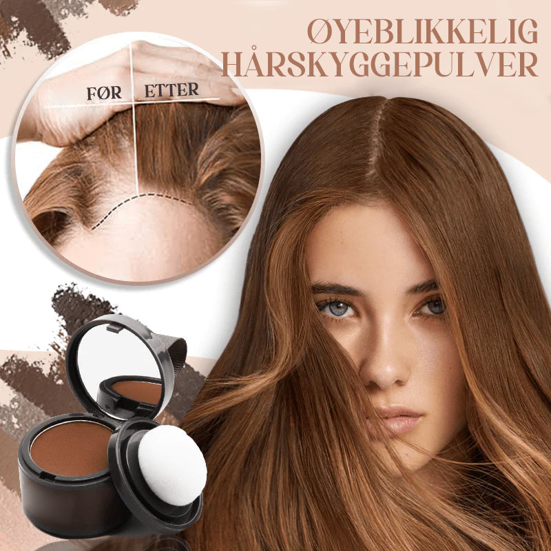 "Hårfargepulver for dekking av grå hår med volum, kompakt design, speil og puff inkludert, naturlige ingredienser."