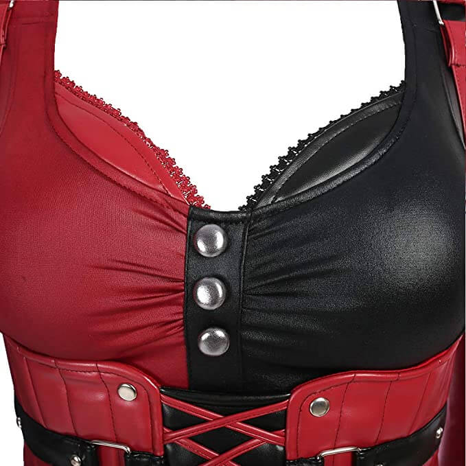 Komplett Harley Quinn drakt for kvinner; inkluderer jakke, topp, shorts og tilbehør for Halloween-fest.