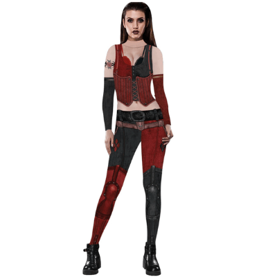 Unikt Harley Quinn kostyme med rød/blå jakke og shorts, gjør at kvinner skiller seg ut på temafesten.