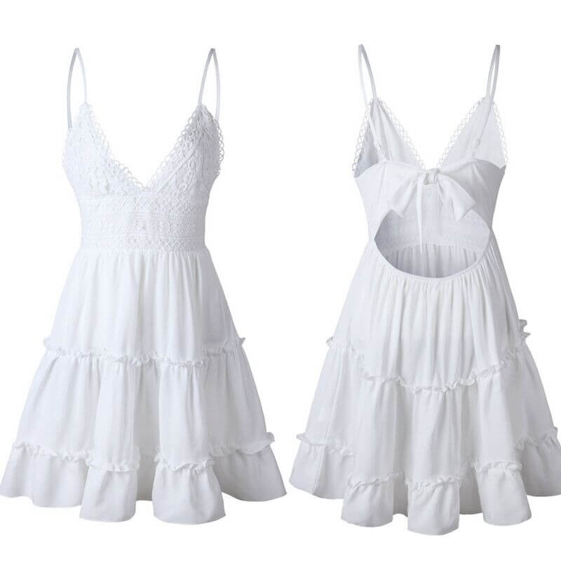 Heklet damekjole med V-hals; elegant sommerkjole i minilengde med a-linje, ideell for strand, fest eller fritid.