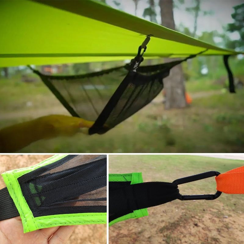 "Hengekøye for grupper, grønn og svart, i naturen, romslig, perfekt for camping og familieturer, nylonmateriale."