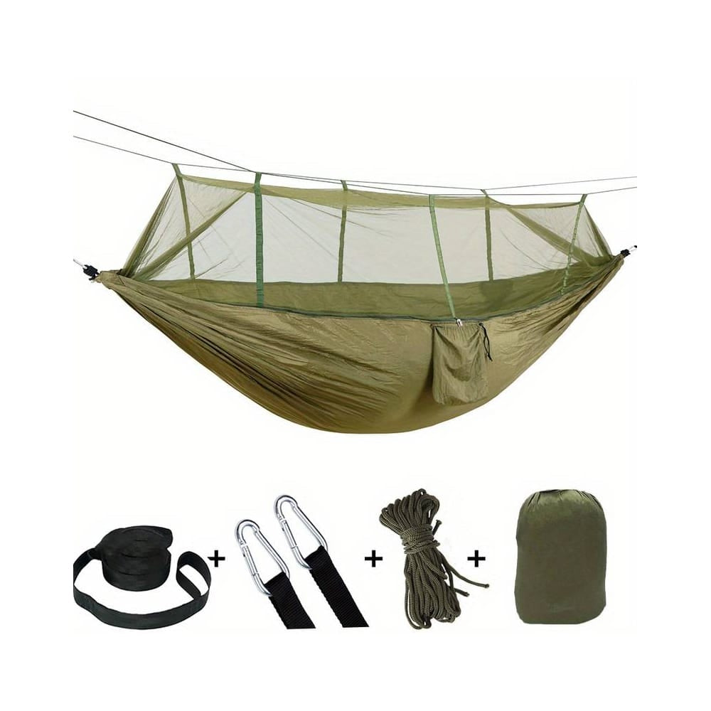 Hengekøye med integrert myggnett, slitesterkt fallskjermstoff i grønn, designet for camping og utendørs avslapning.