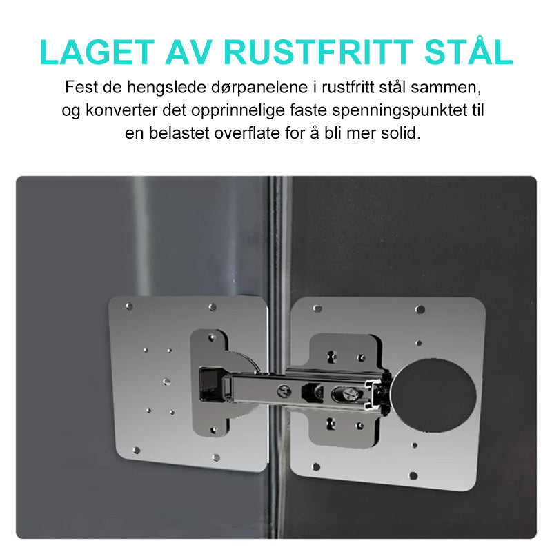 "Hengsel reparasjonsstykke rustfritt stål for skap, dekker skader, solid konstruksjon, forbedrer stabilitet og utseende."