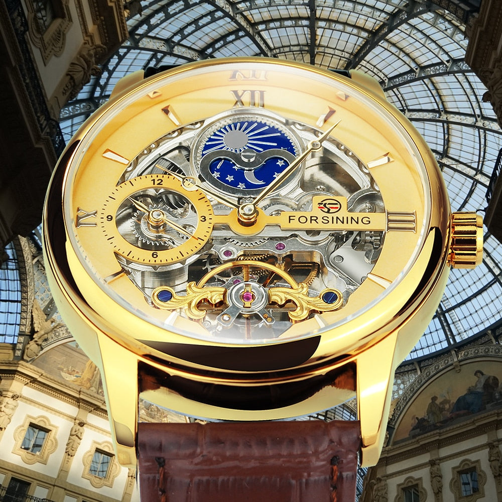 Detalj av den brune lærreimen på en elegant herreklokke, med klassisk spenne.