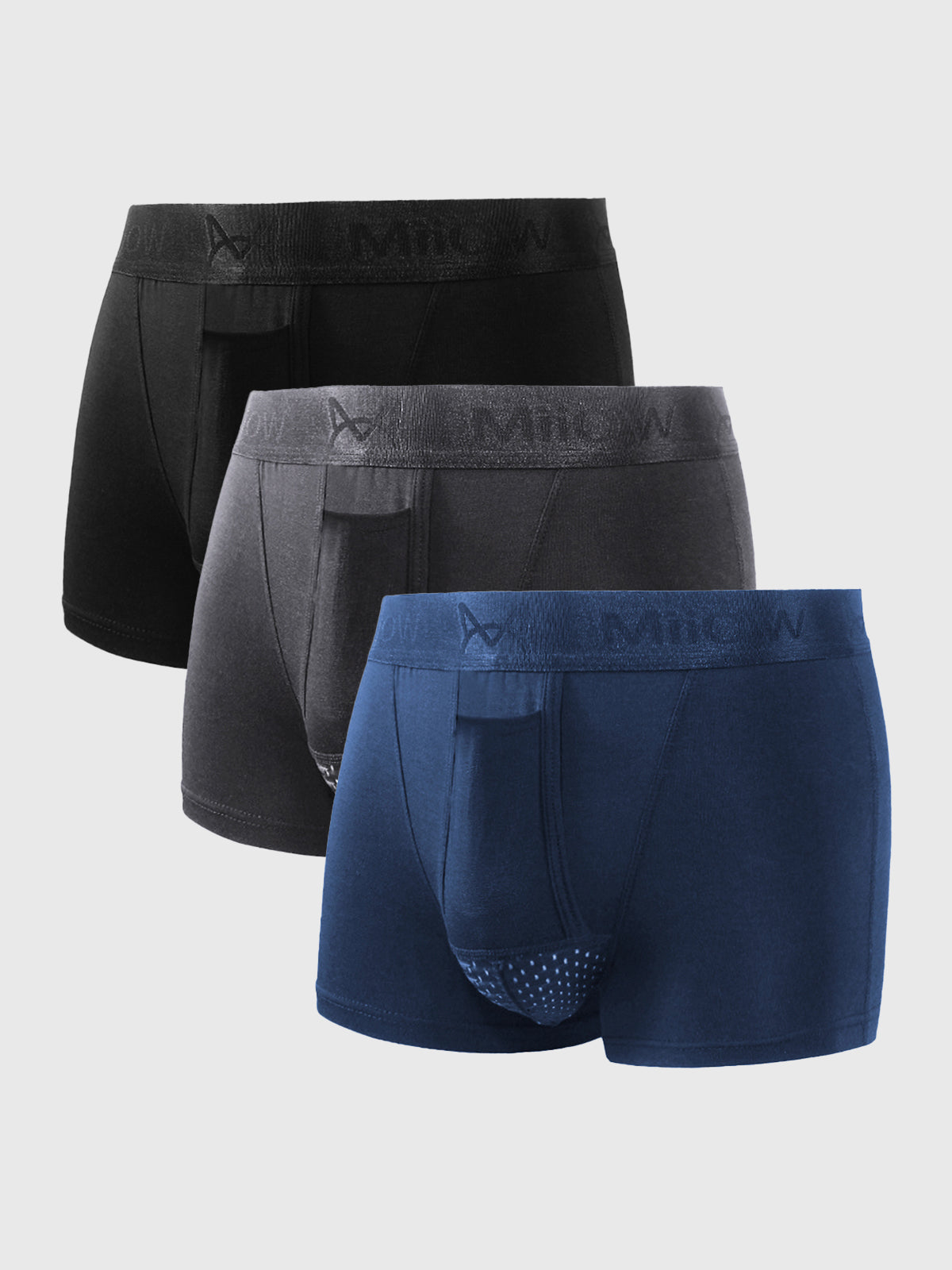 Nærbilde av elastisk linning og pustende materiale på komfortable herre boksershorts for menn.