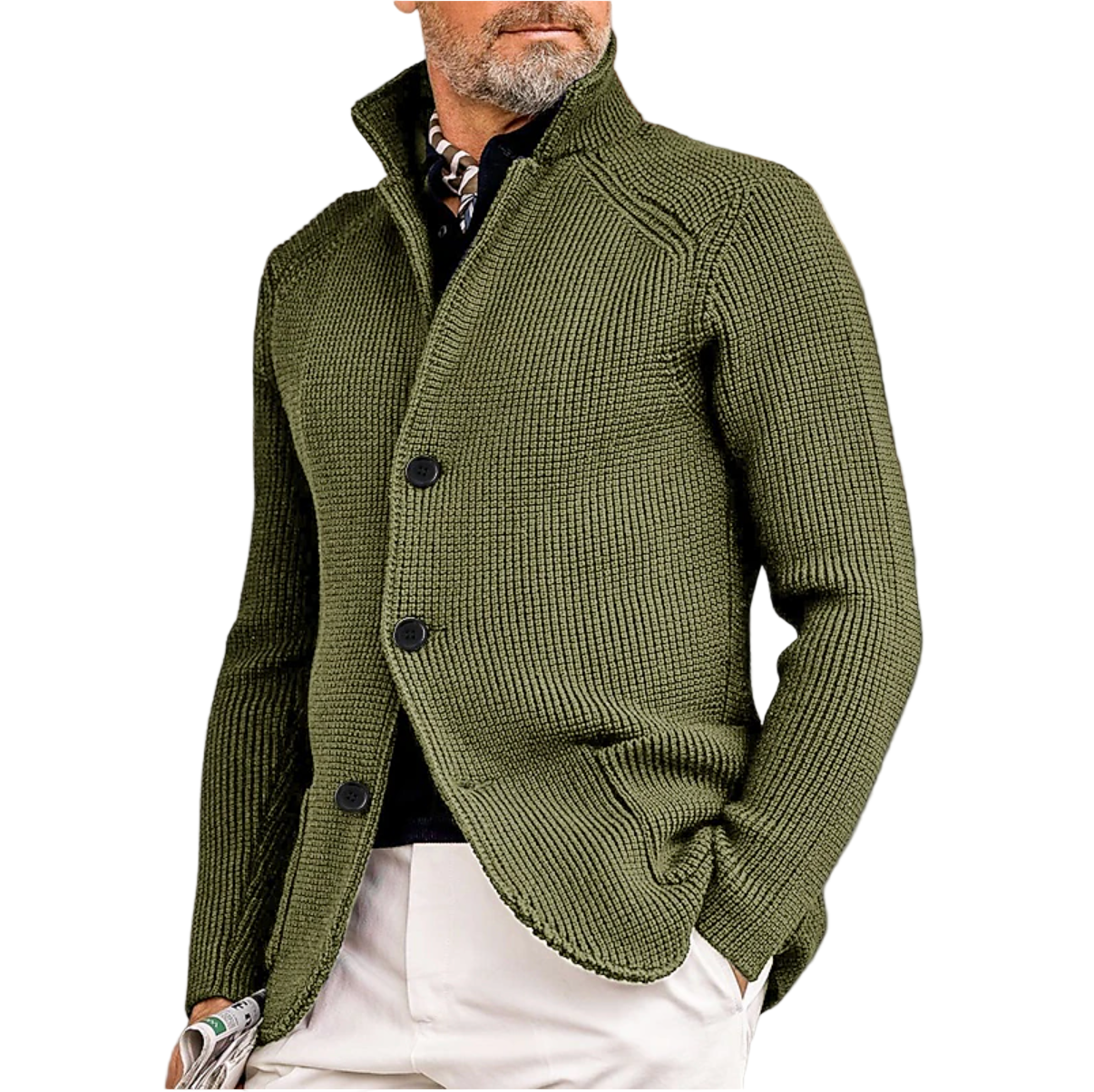 Herre cardigan i strikket design med høy krage og ribbet tekstur, perfekt for vintermote og casual stil.