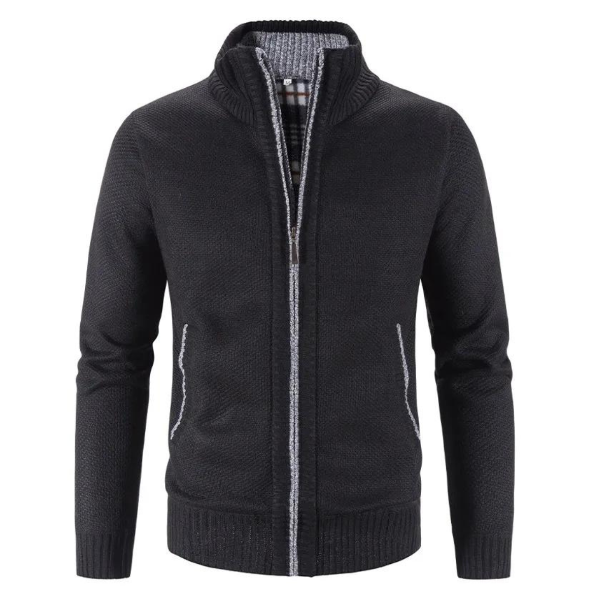 Herre cardigan med glidelås og mock-hals i klassisk design, perfekt for høst og vinter.