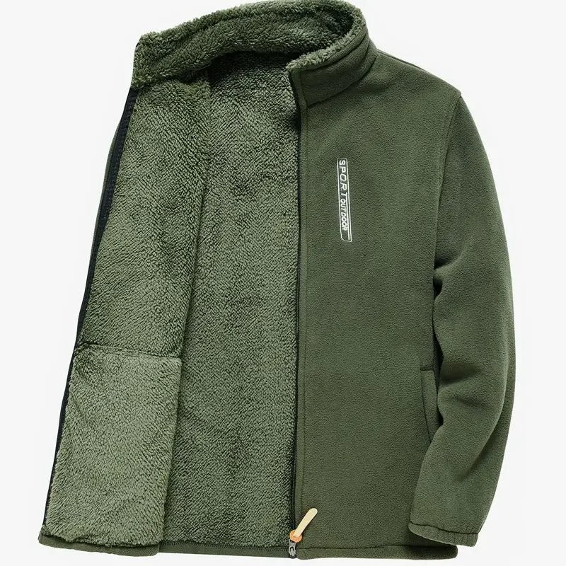 Herre glidelÄsjakke i fleece med hÞy krage, ideell for utendÞrs fritidsbruk om vinteren, i mÞrkeblÄtt.