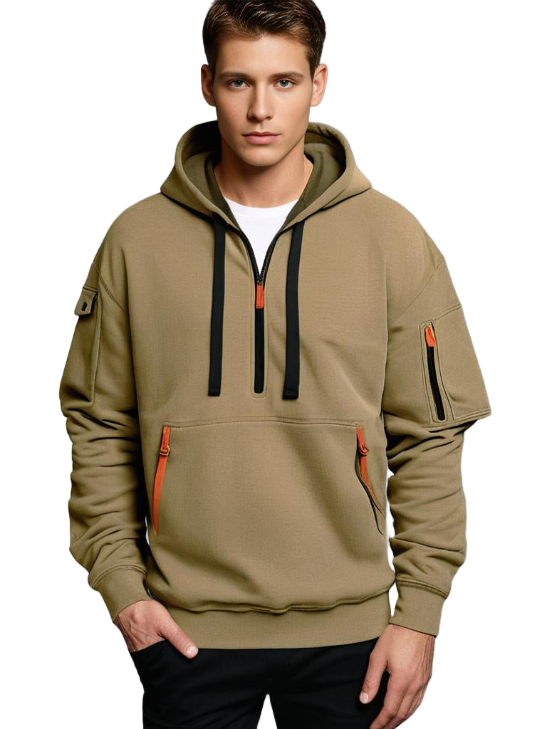 Herre hoodie med halv glidelås, snøring i hette og avslappet passform. Komfortabel hettegenser for hverdag.