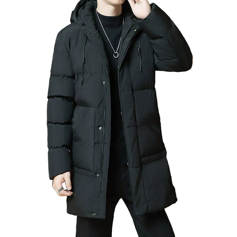 Herre lang quiltet jakke med hette, vindtett og vanntett. Ideell høst- og vinterjakke.