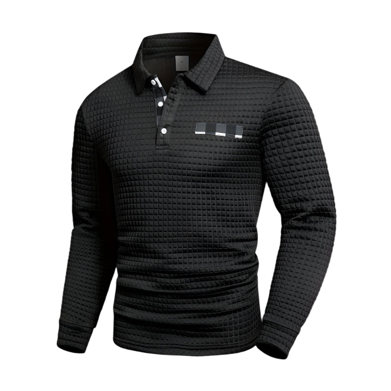 Herre langermet stripete t-skjorte i polyester/elastan. Komfortabel og stilren for høst/vinter fritid.