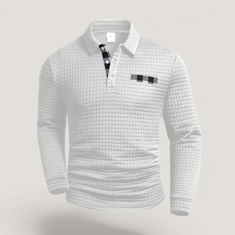 Bakside av herre langermet stripete t-skjorte. Stilren fritidst-skjorte i polyester/elastan for høst/vinter.