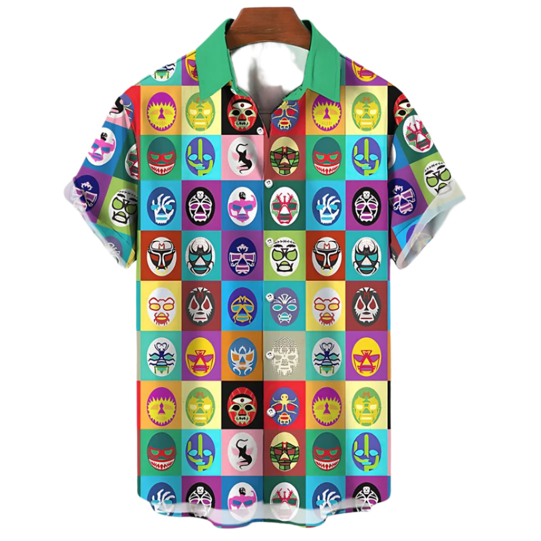 Herre lettvekt skjorte med unikt, fargerikt luchador-design. Perfekt for sommer, fest og fritid.