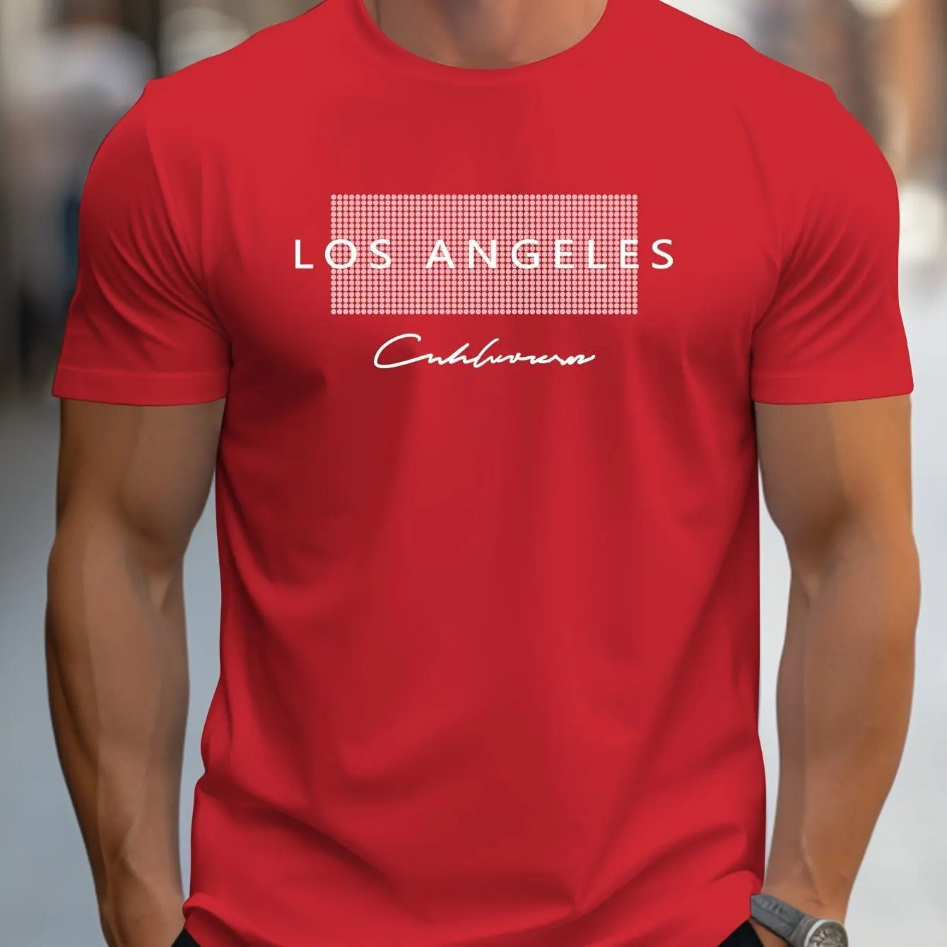 Hvit herre t-skjorte med Los Angeles grafikk, perfekt for sommer. Slim fit og komfortabel, ideell for casual fritidsbruk.