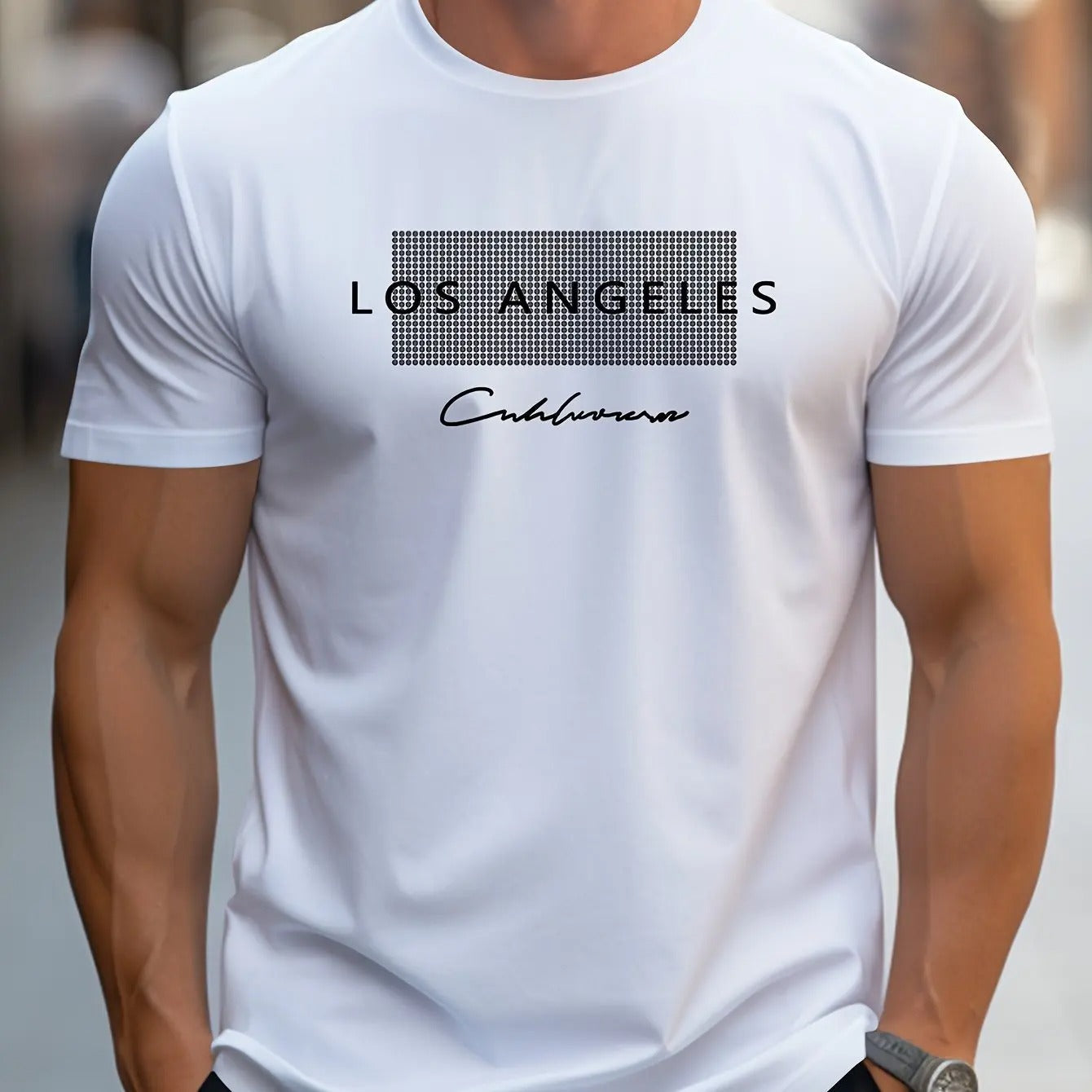 Stilig herre Los Angeles grafisk t-skjorte. Komfortabel slim fit, ideell for urban stil, sommer og streetwear. Trendy fritidsklær.