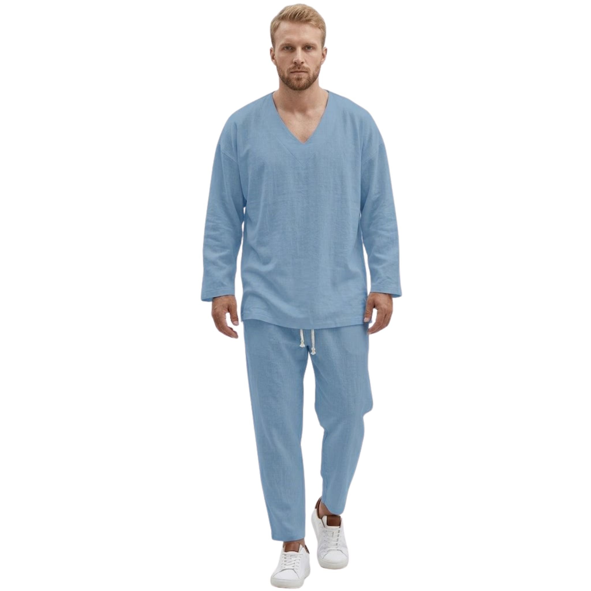 Herre loungewear sett med V-hals topp og komfortable bukser. Mykt fritidssett for avslappede dager hjemme.