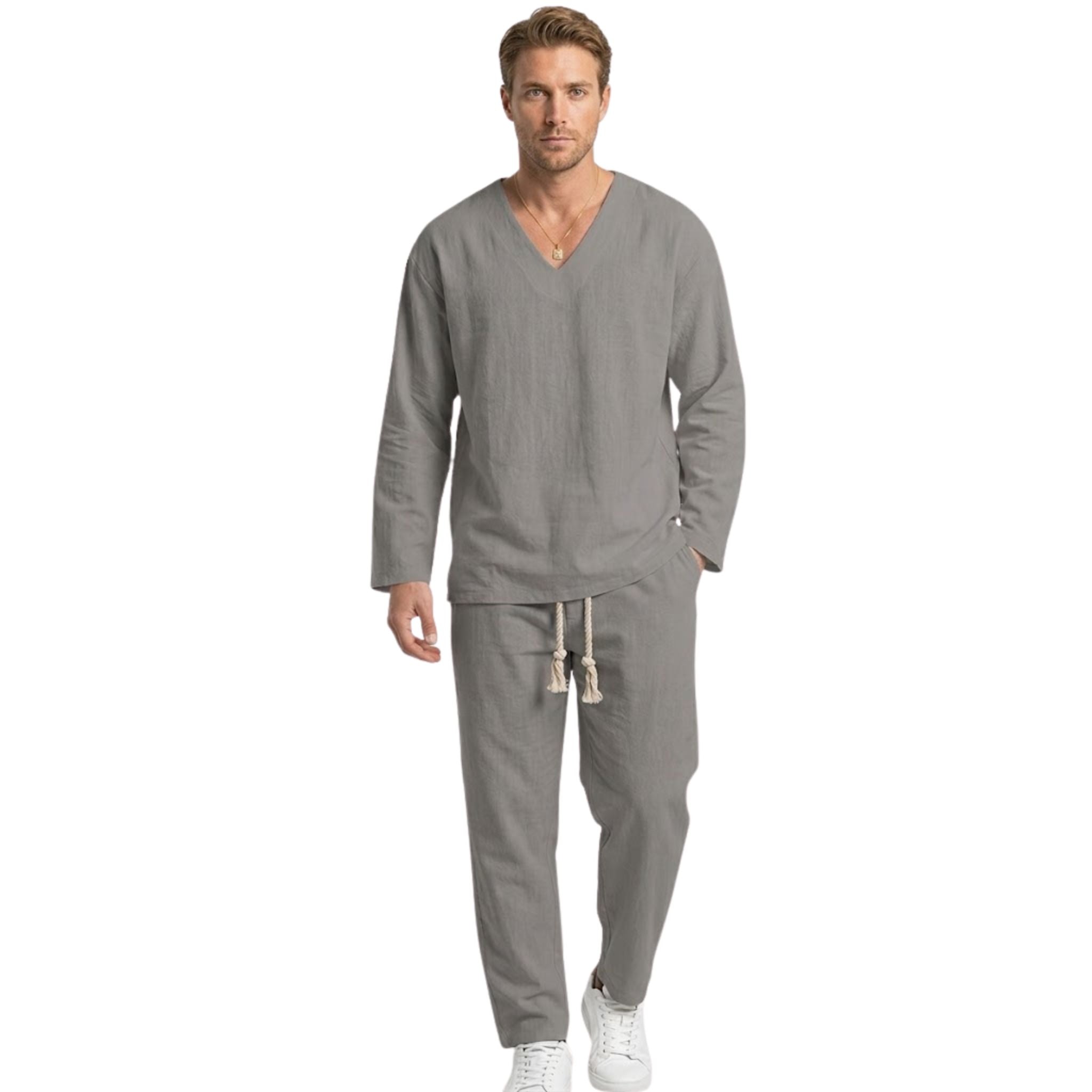Nærbilde av mykt stoff i herre loungewear sett. Komfortabelt og pustende materiale, perfekt for hjemmebruk.