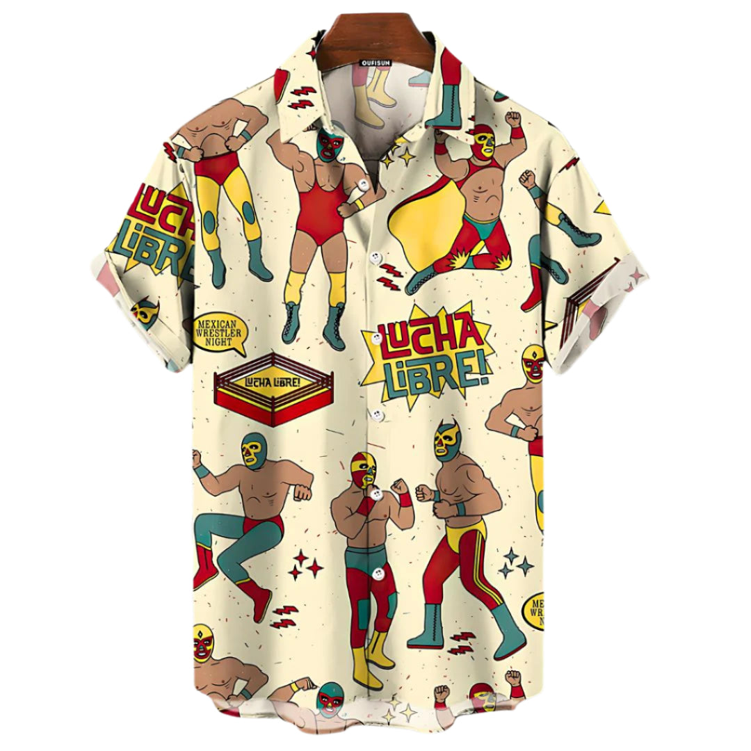 Herre Lucha Libre skjorte i lett og livlig stil, ideell for sommer og fest. Komfortabel passform med grafisk design.