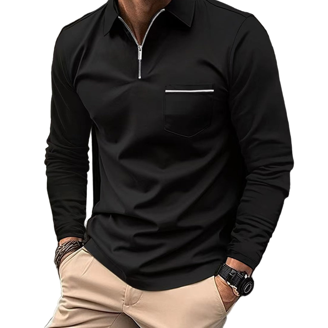 Herre poloshirt med lange ermer, glidelåskrage og brystlomme for moderne fritidsstil.