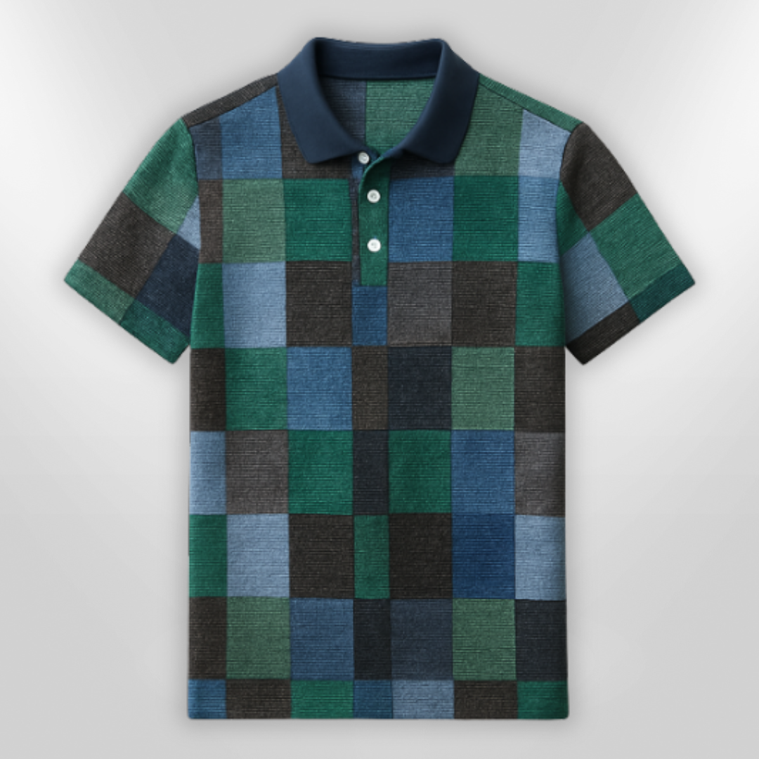 Stilfull herrepoloskjorte med rutemønster, egnet for hverdag og fest.