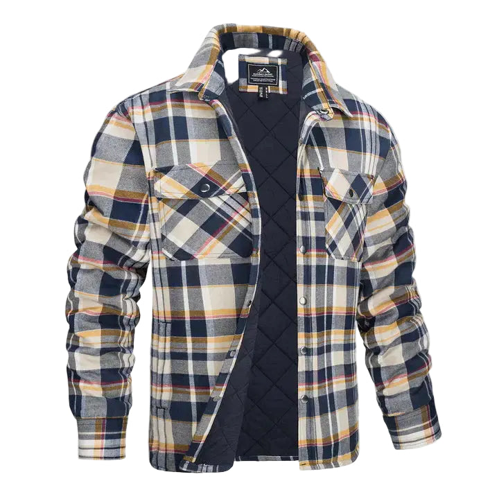 Herre rutet skjortejakke, langermet, gul og oransje bomull, perfekt for uformell bruk.