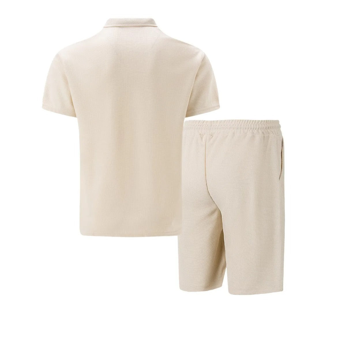 Allsidig herreklær sommersett. Glidelås, kortermet overdel og shorts i luftig vaffelstruktur, ideelt for menn.