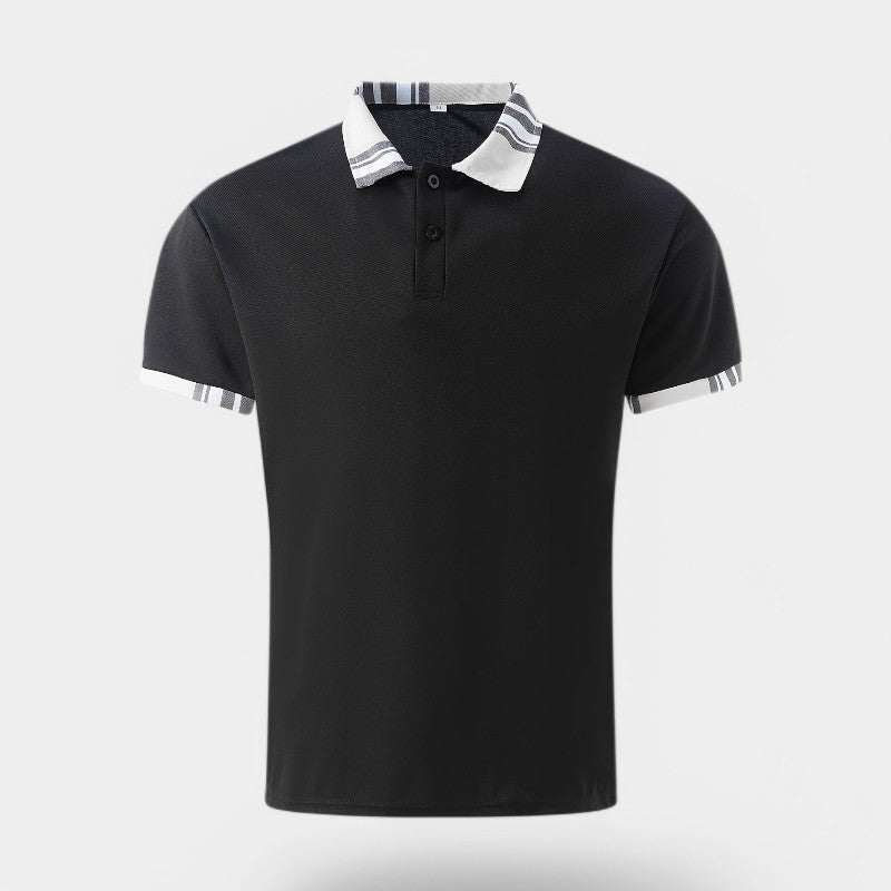Herre t-skjorte: stripete, med krage. Komfortabel kortermet polyester for uformell sommerbruk, stilfull for menn.
