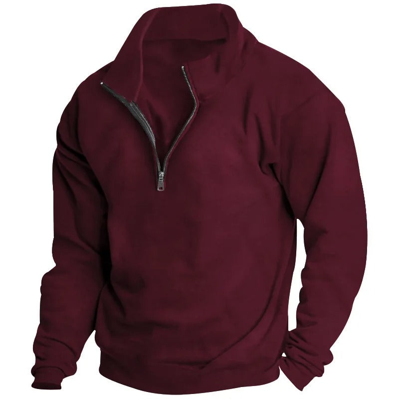Allsidig herre sweatshirt med ståkrage og halv glidelås. Ensfarget genser for ulike anledninger.