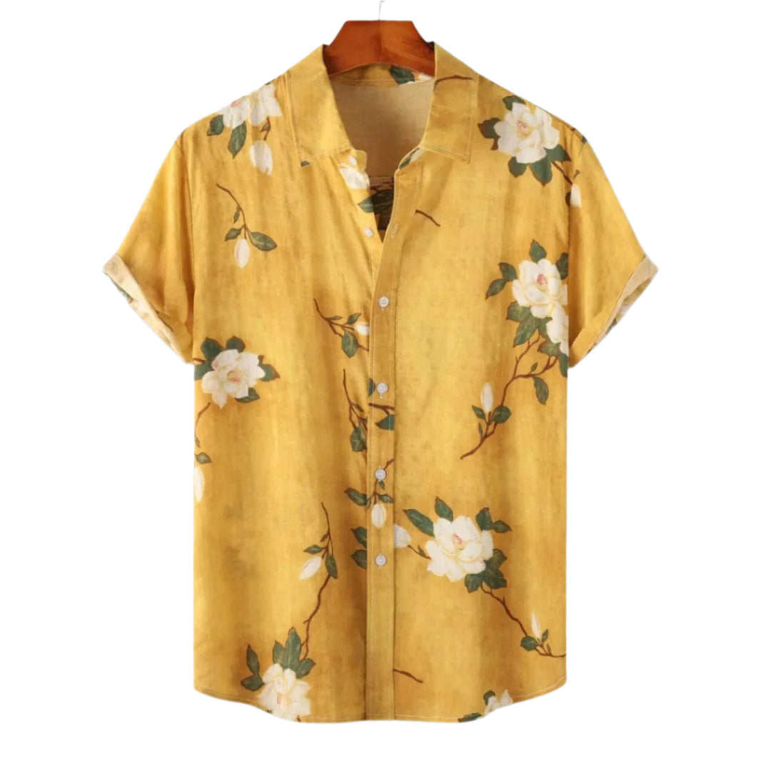 Herre t-skjorte med fargerikt blomsterdesign. Komfortabel, pustende og stilfull sommerskjorte for menn.