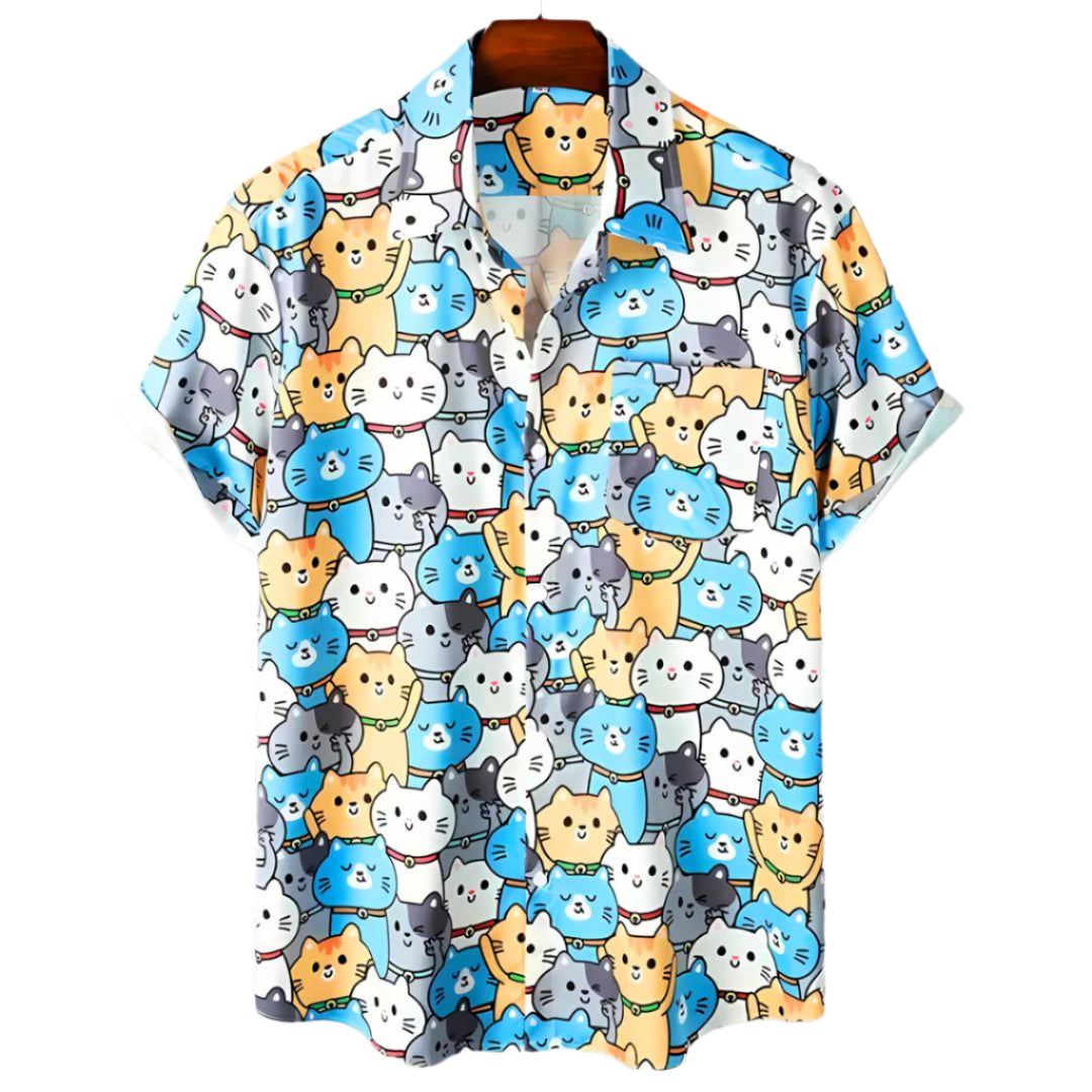 Herre t-skjorte med unikt Meow Kingdom katteprint, perfekt for casual sommerbruk og fritid.