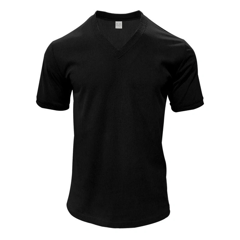 Uformell og elegant herre t-skjorte, slim fit, med tekstur og V-hals. Moderne vår/sommer stil.