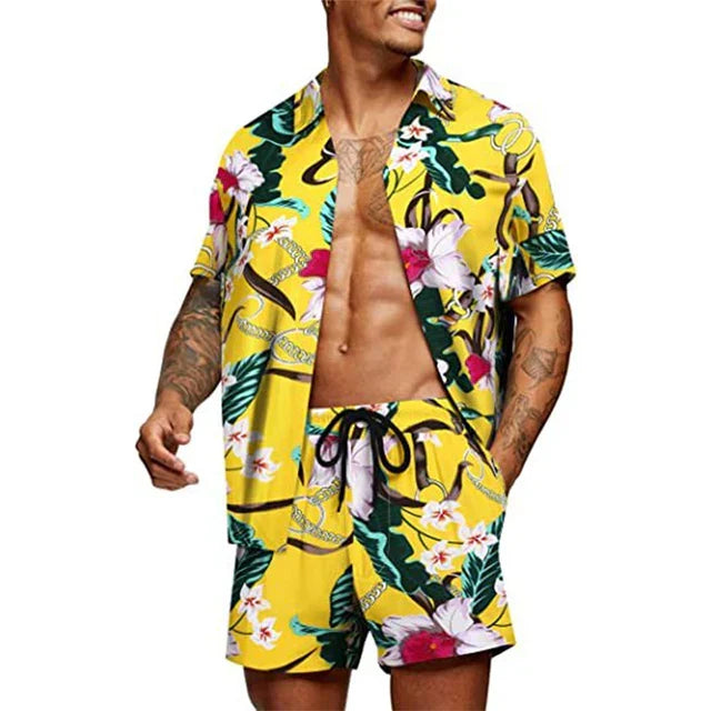 Moderne herre sett, kortermet skjorte og shorts. Ideelt for strandmote, sommerferie og reiseklær.
