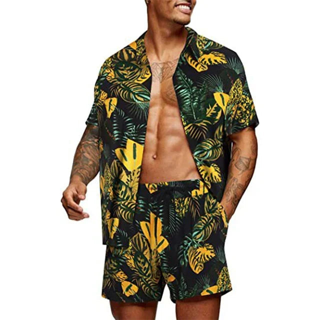Stilig herre sommer sett: kortermet skjorte og shorts for en moderne, avslappet strandstil.