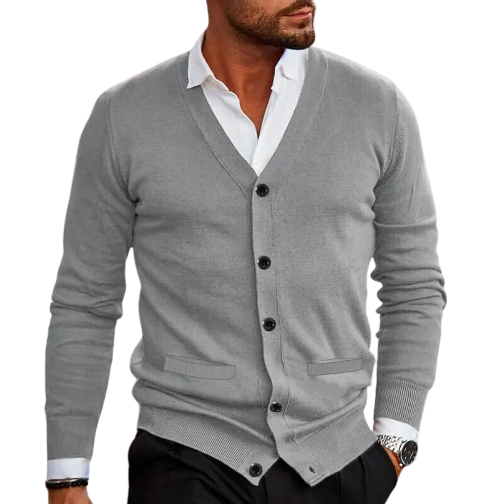 Herre V-hals cardigan med knapper, strikket jakke for avslappet og stilfull hverdagsbruk. Allsidig herremote.